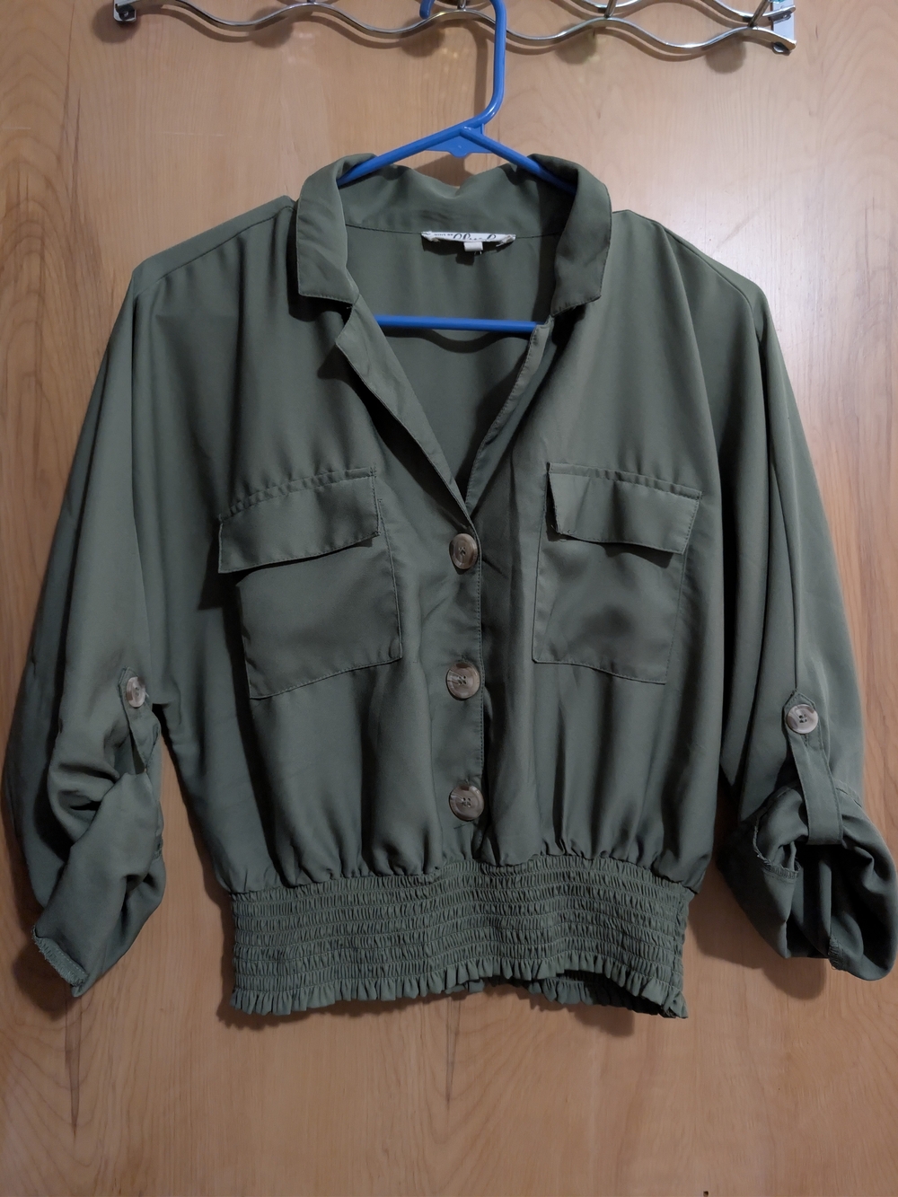 Blush Olive Green Cropped Utility Jacket with Shirred Hem